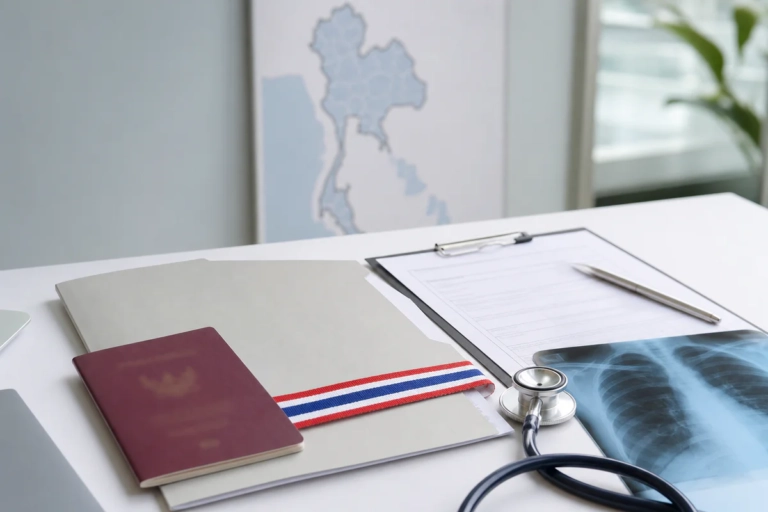 Dossier de visa thaïlandais avec passeport français, document médical et radiographie pulmonaire sur un bureau clair.