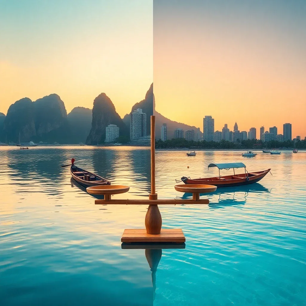Conceptual split image comparing expatriate life in Thailand and Philippines with tropical landscapes and modern city skyline