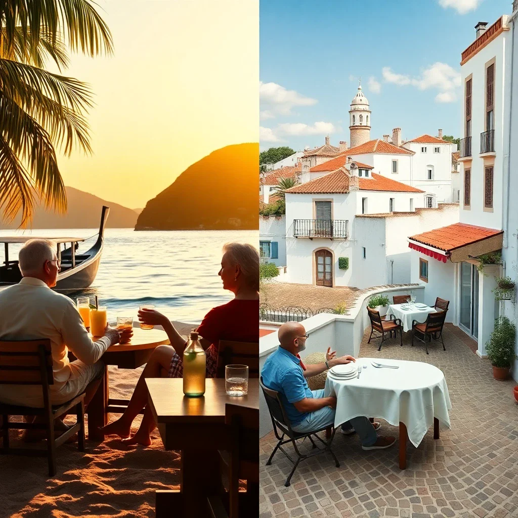 Split comparison image showing a tranquil beach scene in Thailand on one side and a charming coastal town in Portugal on the
