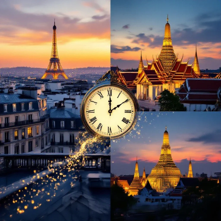 Split artistic image showing Parisian rooftops at golden hour on the left and Bangkok temple at dusk on the right, connected