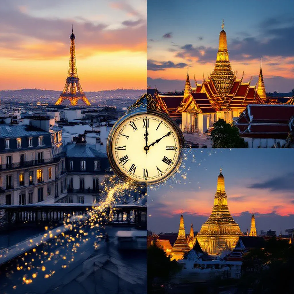 Split artistic image showing Parisian rooftops at golden hour on the left and Bangkok temple at dusk on the right, connected