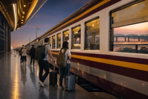 Night train waiting at a modern Bangkok railway platform, symbolizing the journey from Bangkok to Vientiane through the Thail