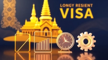 Abstract 3D composition of golden Thai architecture merging with a futuristic digital interface, symbolizing the four categor