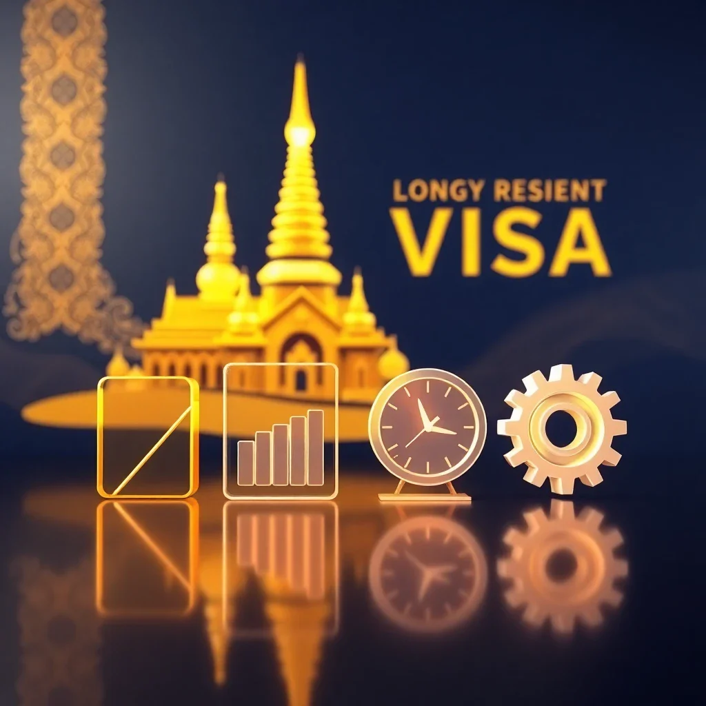 Abstract 3D composition of golden Thai architecture merging with a futuristic digital interface, symbolizing the four categor