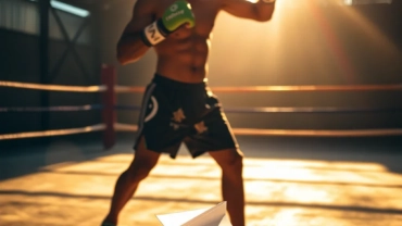 A Muay Thai fighter in a sunlit Thai boxing gym, symbolizing the journey of obtaining a long-term visa to train in Thailand,