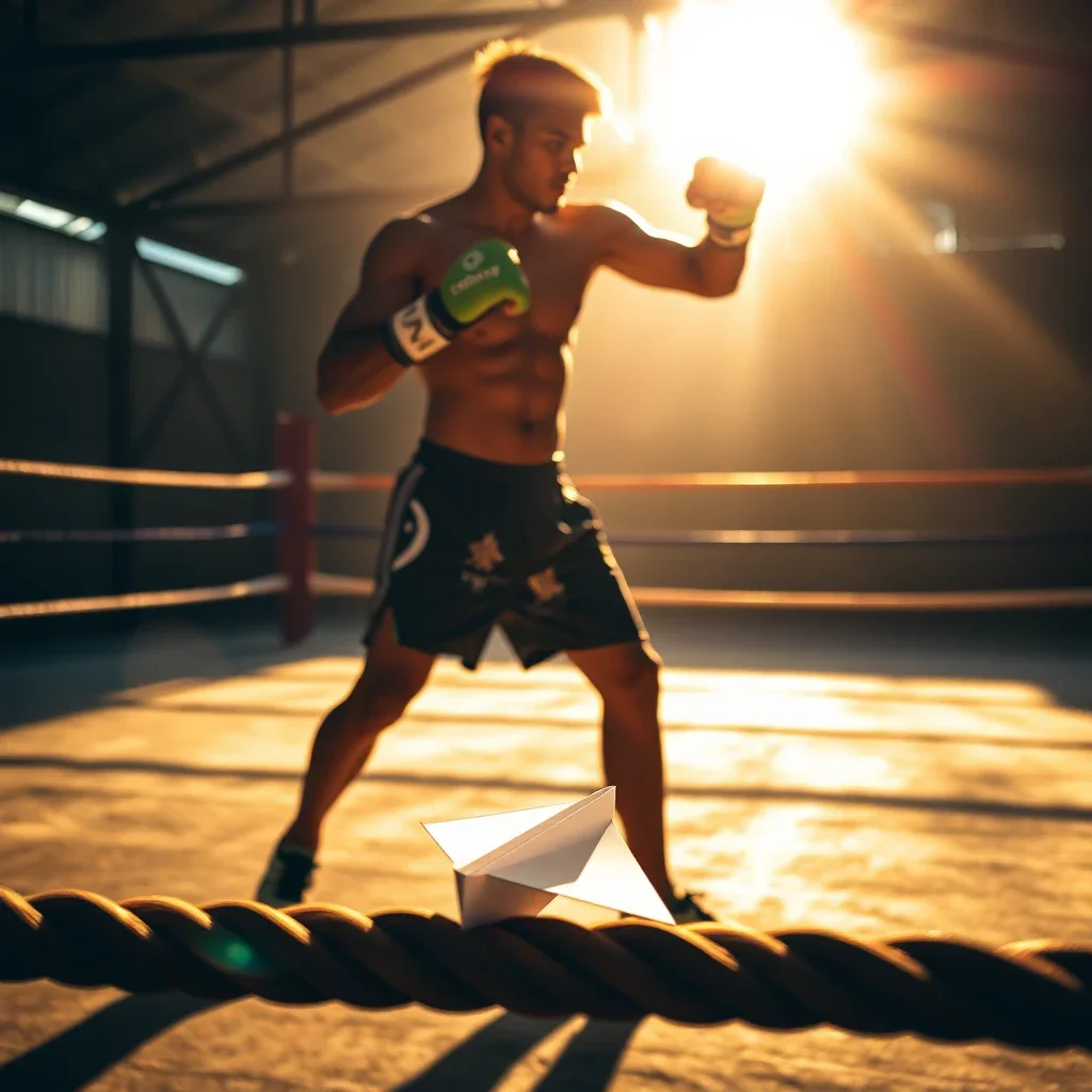 A Muay Thai fighter in a sunlit Thai boxing gym, symbolizing the journey of obtaining a long-term visa to train in Thailand,