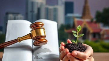 A symbolic image showing a legal gavel and book next to hands holding a seedling, against a softly blurred backdrop of Bangko