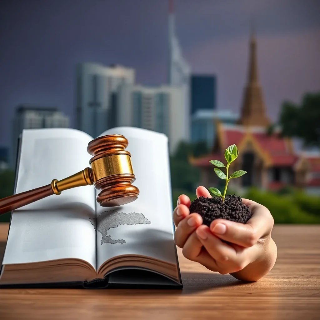 A symbolic image showing a legal gavel and book next to hands holding a seedling, against a softly blurred backdrop of Bangko
