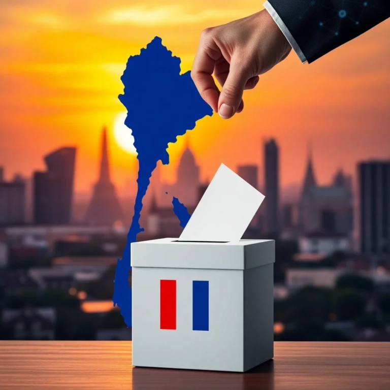 Stylized image combining a map of Thailand with the French flag and a ballot box, symbolizing French expatriates voting from