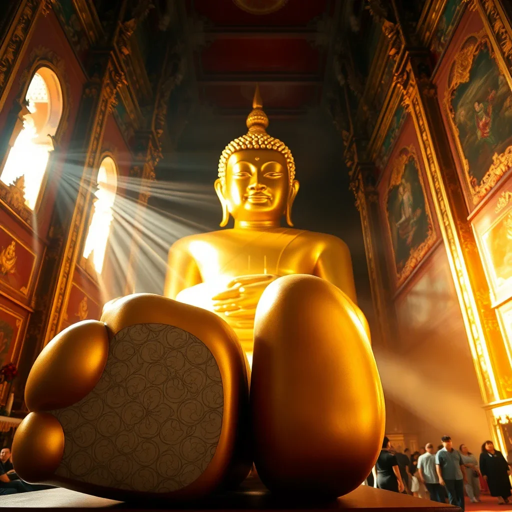Vue intérieure du majestueux Bouddha Couché doré du Wat Pho à Bangkok, avec ses pieds incrustés de nacre et son expression se