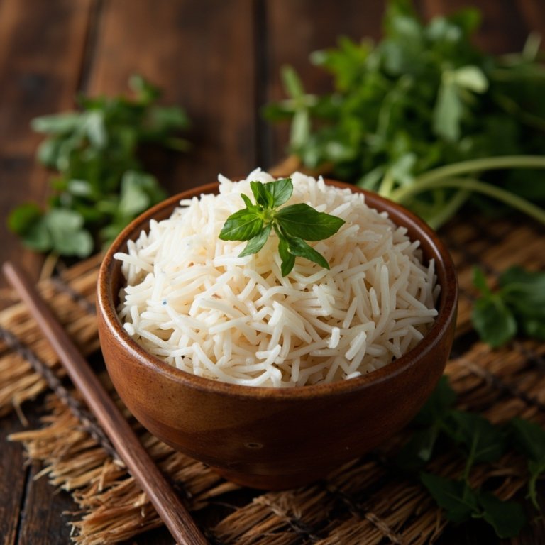 Bol de riz jasmin thaïlandais avec herbes fraîches