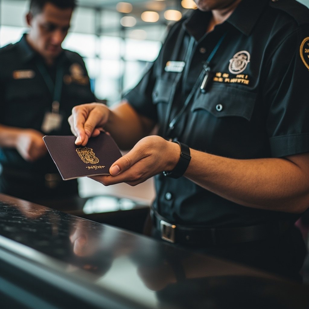 Officier de douane vérifiant un passeport à l aéroport