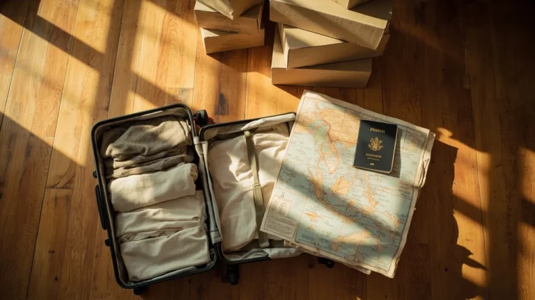 Valise ouverte, cartons et passeport posés sur une carte de la Thaïlande, préparation au départ