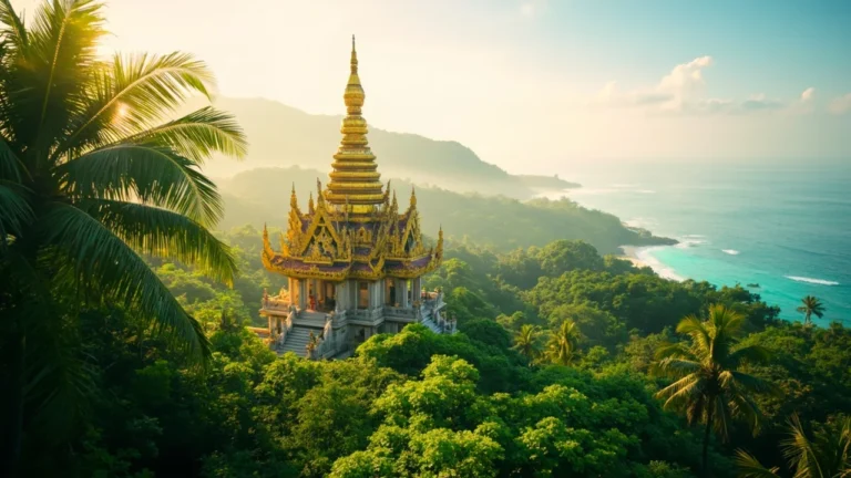 Temple thaïlandais doré dans la jungle tropicale avec vue sur la mer turquoise
