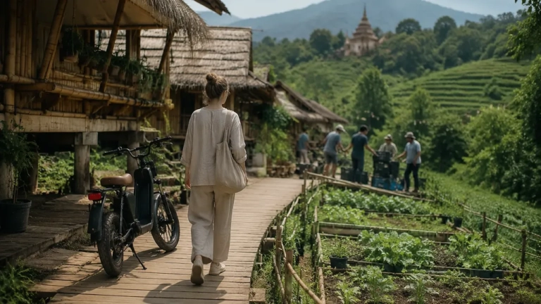 Voyageur français descend d'un vélo électrique vers un éco-hub