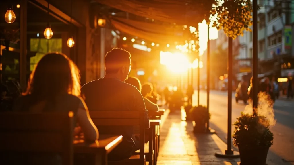 Terrasse de café dans une rue de Bangkok à l heure dorée, scène de vie expatriée