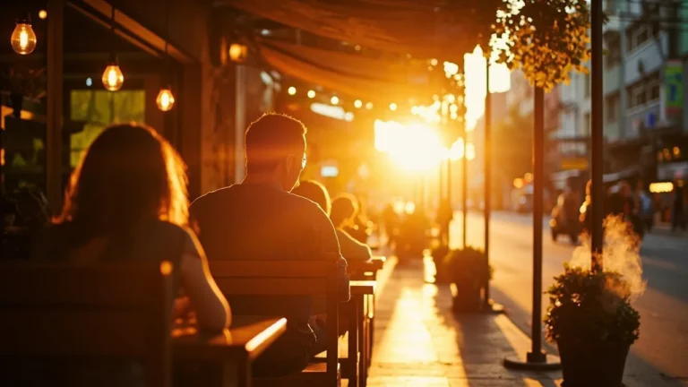 Terrasse de café dans une rue de Bangkok à l heure dorée, scène de vie expatriée