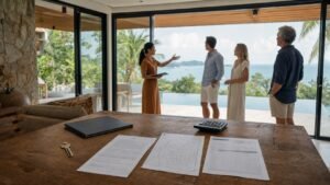 Agent immobilier présentant une villa avec vue mer à Koh Samui à des acheteurs français