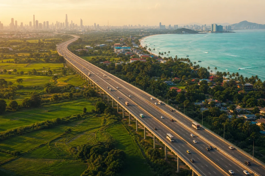 Vue aérienne d'une autoroute thaïlandaise reliant les gratte-ciel de Bangkok à la côte de Pattaya, illustrant la distance et