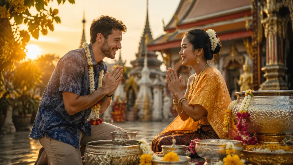 Un voyageur français et une personne thaïlandaise se saluent avec respect dans une cour de temple décorée pour les fêtes du N