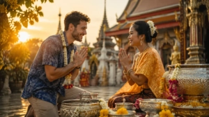 Un voyageur français et une personne thaïlandaise se saluent avec respect dans une cour de temple décorée pour les fêtes du N