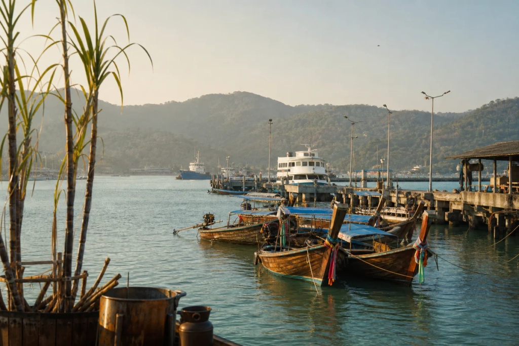 A calm working harbor at Chalong Bay in Phuket with boats, pier details, tropical hills, and subtle sugarcane elements sugges