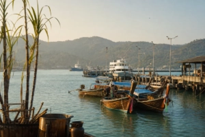 A calm working harbor at Chalong Bay in Phuket with boats, pier details, tropical hills, and subtle sugarcane elements sugges