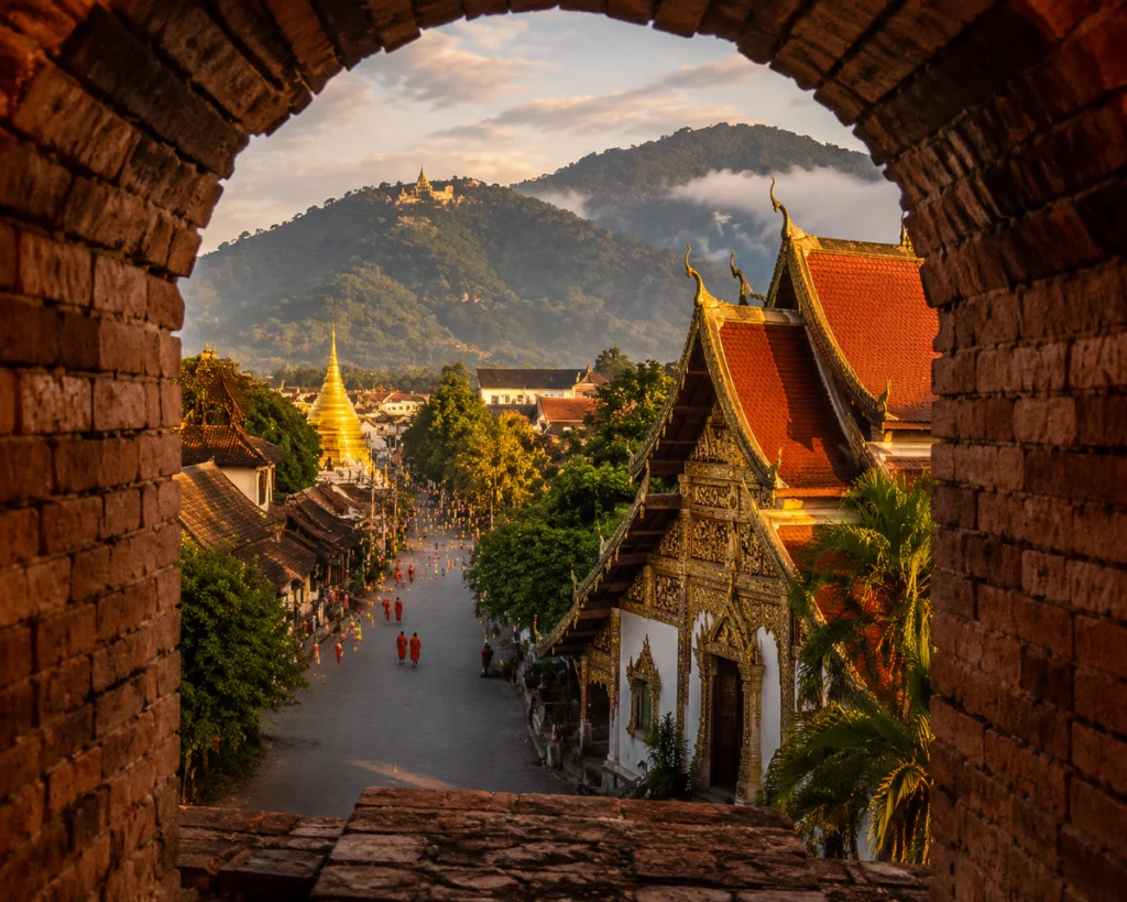 Vue dorée de la vieille ville de Chiang Mai avec temples traditionnels, montagnes brumeuses et Doi Suthep en arrière-plan