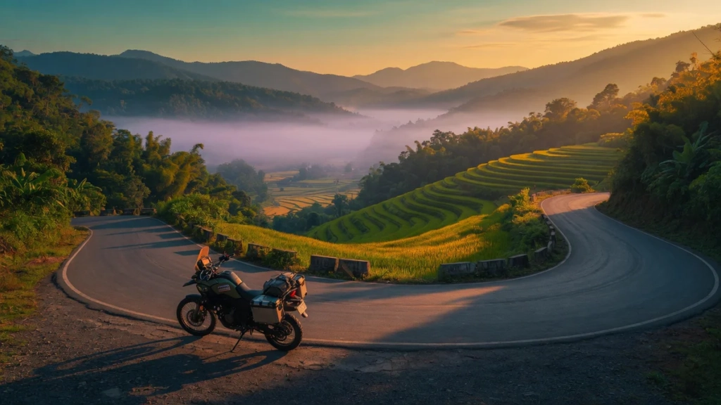 Moto d'aventure garée sur une route sinueuse de montagne dans le nord de la Thaïlande, entourée de collines verdoyantes et de