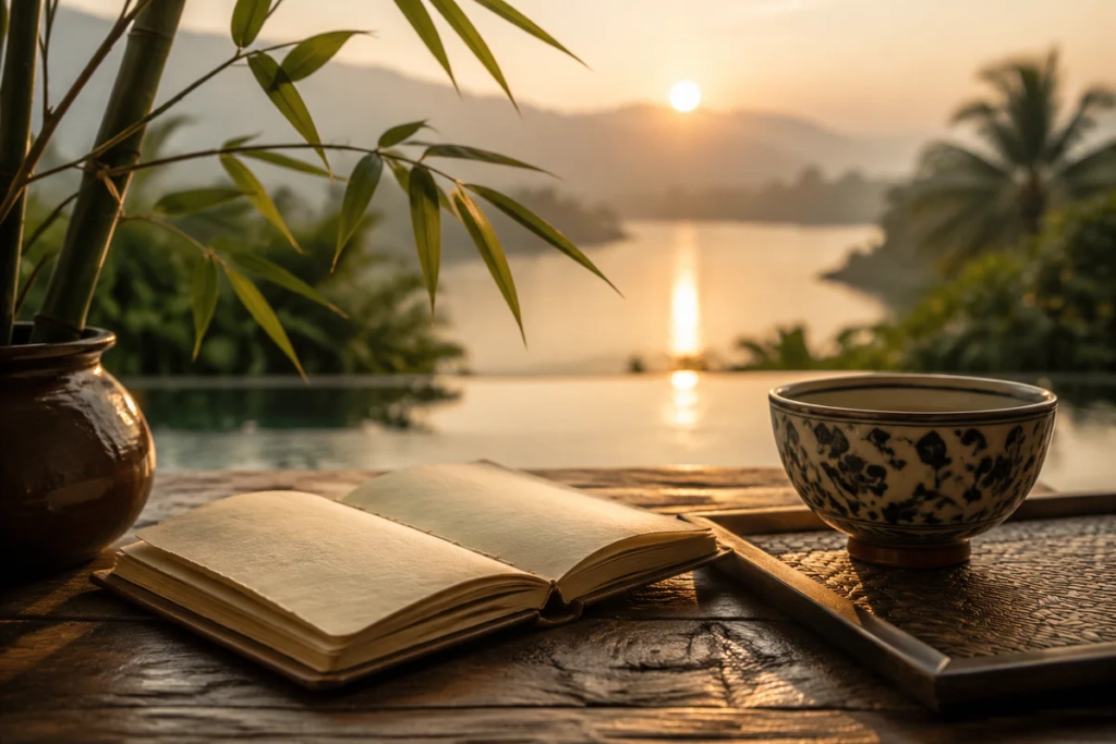 Carnet vierge et objets symbolisant les proverbes thaïlandais devant un paysage paisible de Thaïlande