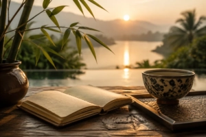 Carnet vierge et objets symbolisant les proverbes thaïlandais devant un paysage paisible de Thaïlande