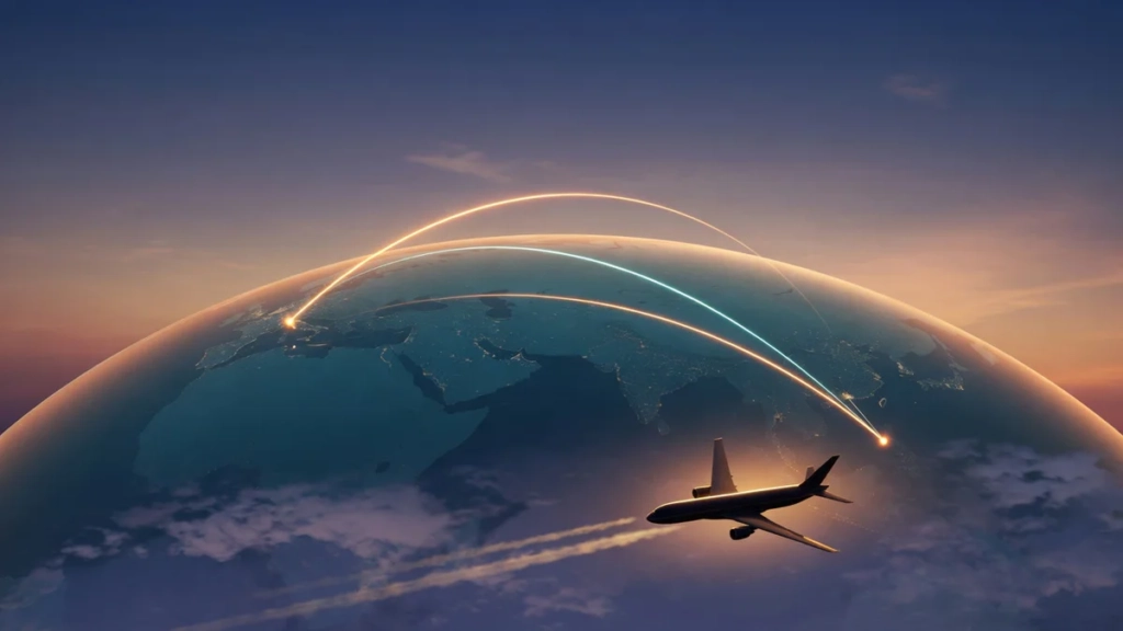 Illustration symbolisant la distance entre la France et la Thaïlande, avec un avion survolant un globe terrestre stylisé et u