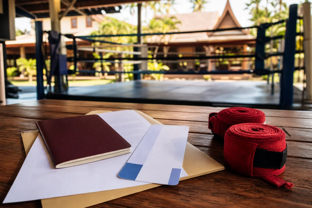 Passport, travel documents and muay thai hand wraps in front of a Thai boxing training ring, symbolizing a DTV visa applicati