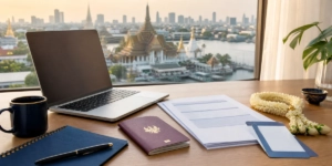 Bureau de nomade digital avec ordinateur, passeport et dossier de visa, avec Bangkok en arrière-plan.