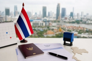 French passport and Thai visa documents on a desk with a calendar and Thailand map, representing DTV visa renewal and extensi
