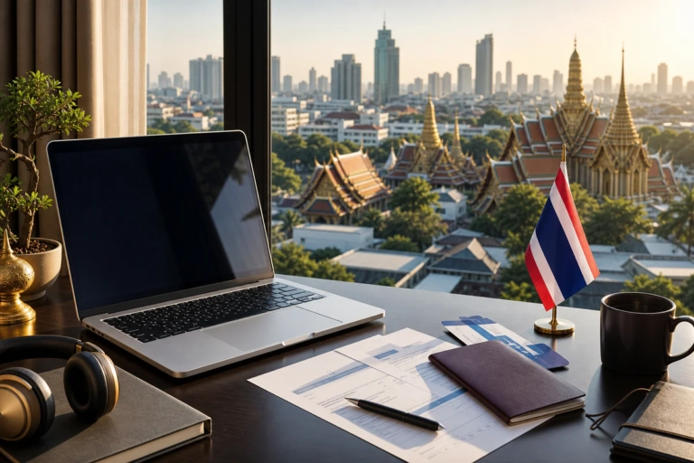 Laptop, passport and visa documents on a desk overlooking Bangkok, symbolizing a legal workation in Thailand with the DTV vis