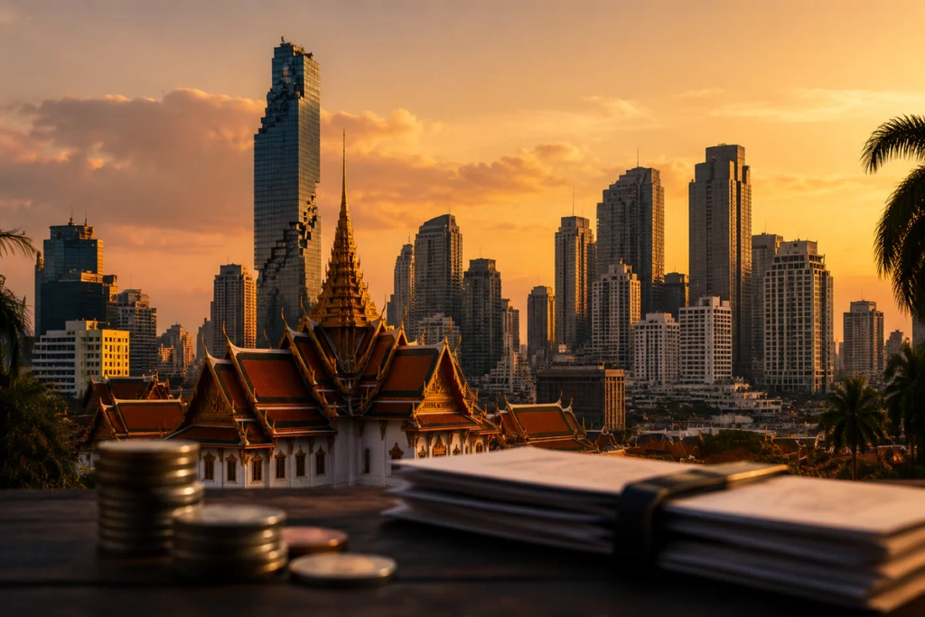Vue panoramique de Bangkok au coucher du soleil mêlant temple thaïlandais doré et gratte-ciels modernes du quartier financier
