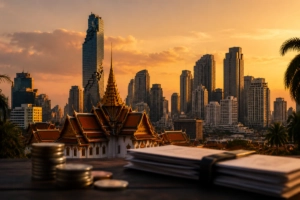 Vue panoramique de Bangkok au coucher du soleil mêlant temple thaïlandais doré et gratte-ciels modernes du quartier financier