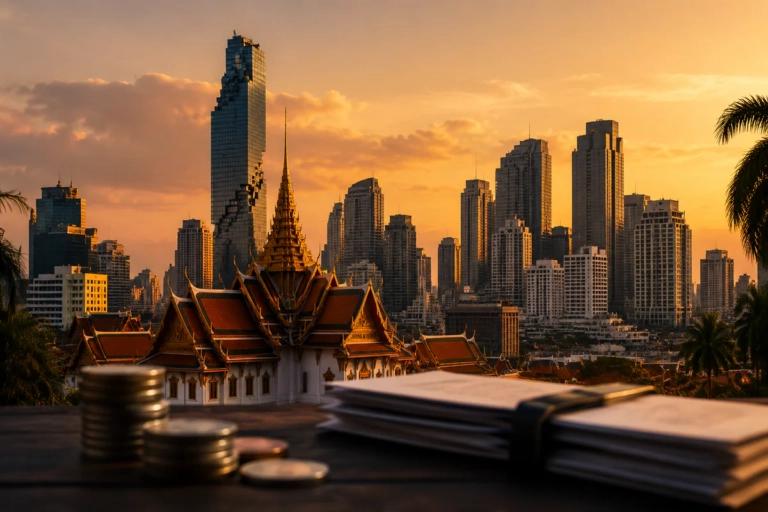 Vue panoramique de Bangkok au coucher du soleil mêlant temple thaïlandais doré et gratte-ciels modernes du quartier financier