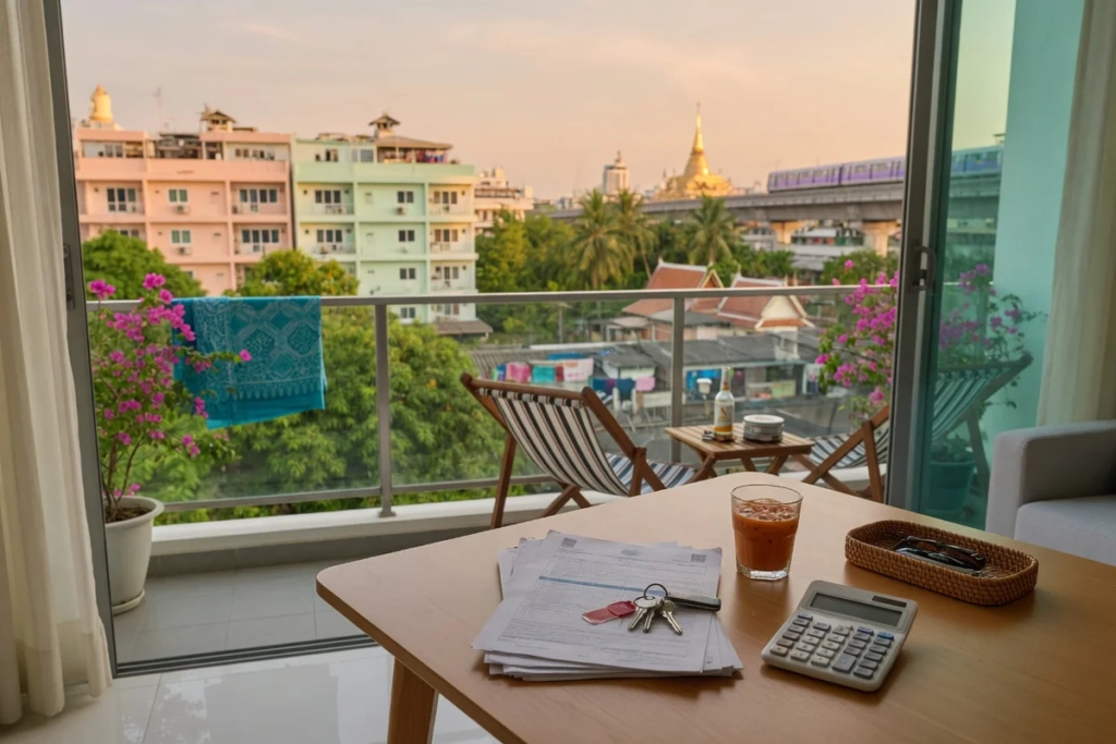 Table avec clés, contrat de location et calculatrice dans un appartement moderne en Thaïlande, avec vue urbaine tropicale dep