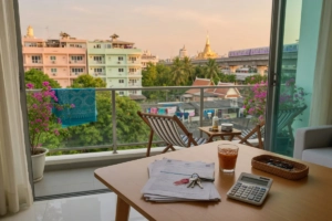Table avec clés, contrat de location et calculatrice dans un appartement moderne en Thaïlande, avec vue urbaine tropicale dep