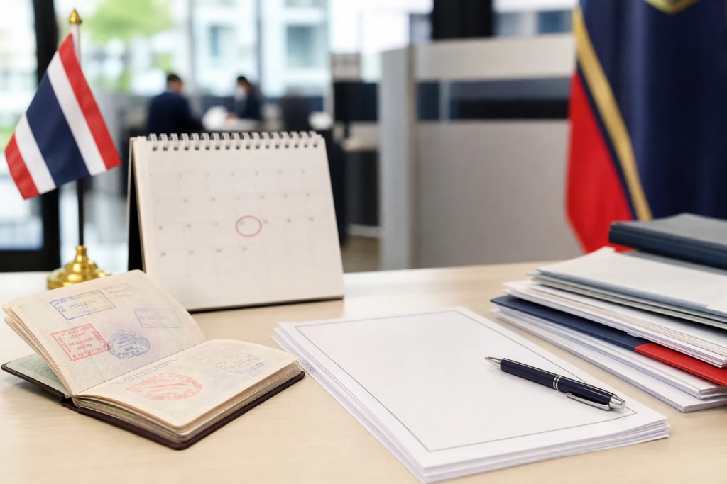 Passeport, formulaire administratif et calendrier sur un bureau évoquant un retard de 90-day report en Thaïlande.
