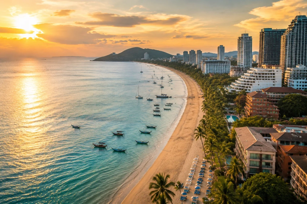 Vue aérienne de la plage de Pattaya en Thaïlande au coucher du soleil, avec ses hôtels en bord de mer et ses eaux turquoise