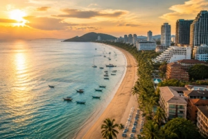 Vue aérienne de la plage de Pattaya en Thaïlande au coucher du soleil, avec ses hôtels en bord de mer et ses eaux turquoise