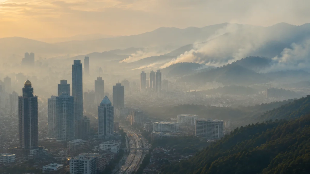 Vue de Bangkok et des montagnes du Nord de la Thaïlande recouvertes d’une brume de pollution atmosphérique