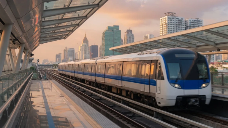 Train du Rail Link arrivant sur un quai surélevé à Bangkok, avec les gratte-ciels de la ville en arrière-plan au coucher du s