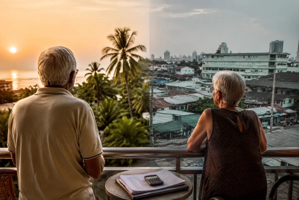 Un couple de retraités français observe depuis un balcon la frontière entre le littoral tropical de Hua Hin et la ville, avec