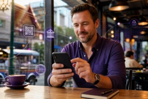 Expatriate in Thailand using a mobile banking app on a smartphone with visual hints of QR payments and international banking