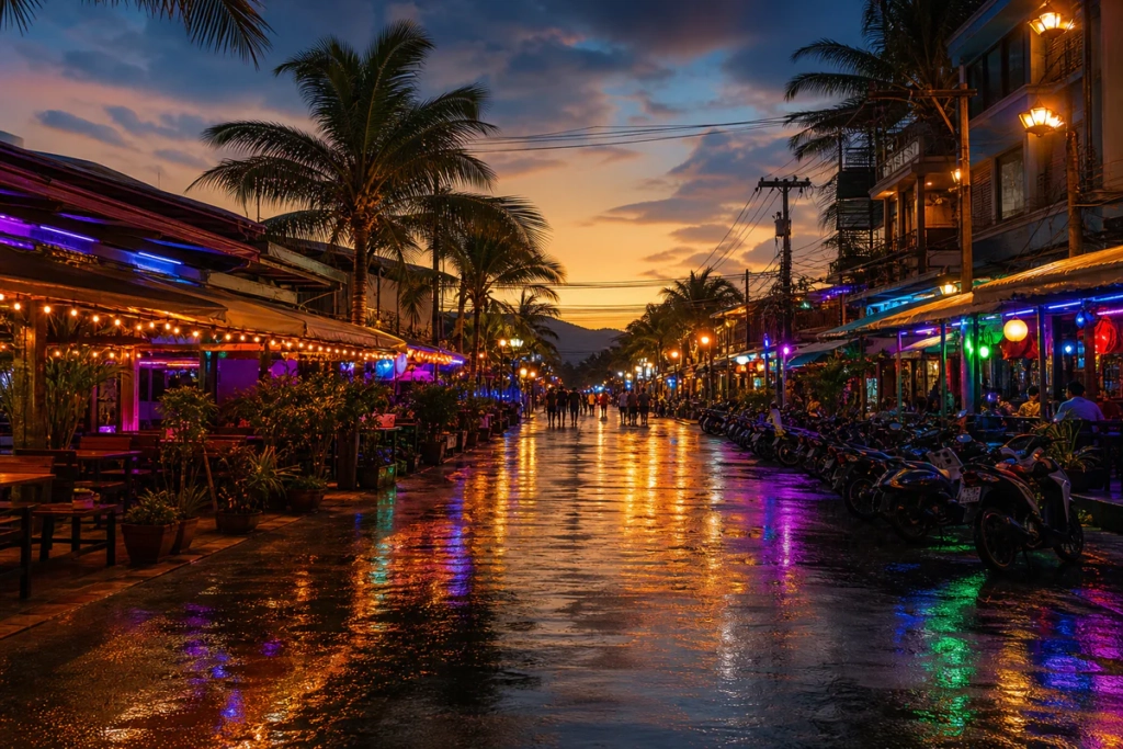 Vue en angle large d'une rue piétonne animée en Thaïlande au crépuscule, bordée de bars et d'enseignes lumineuses colorées, a