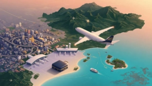 Illustration of a domestic flight route over Thailand connecting Bangkok, northern mountains, southern islands, luggage, airp